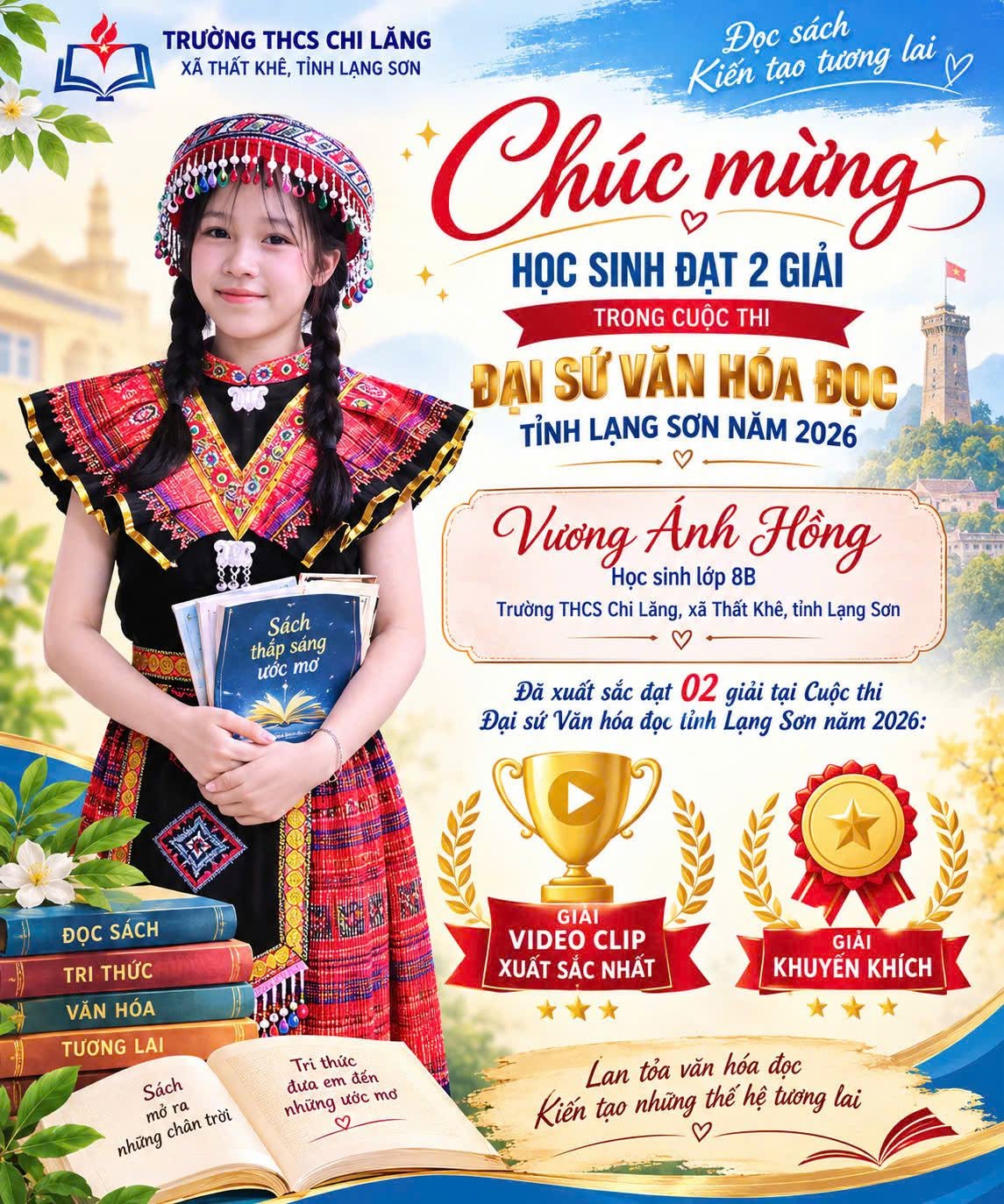 Vương Ánh Hồng – Học sinh Trường THCS Chi Lăng xuất sắc giành 2 giải tại Cuộc thi Đại sứ Văn hóa đọc tỉnh Lạng Sơn năm 2026